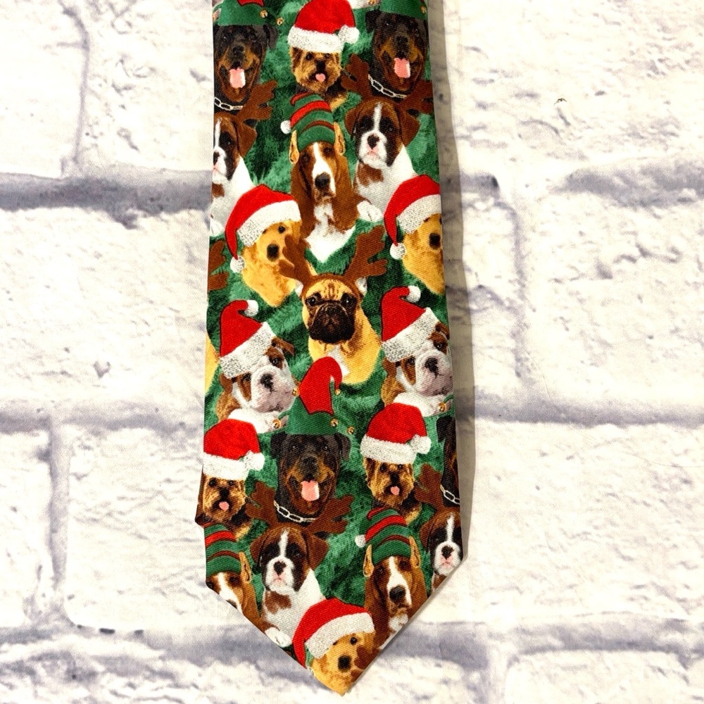 Bespoke Christmas Dogs Holiday Tie Green Christmas Puppies with Santa Hats NWT